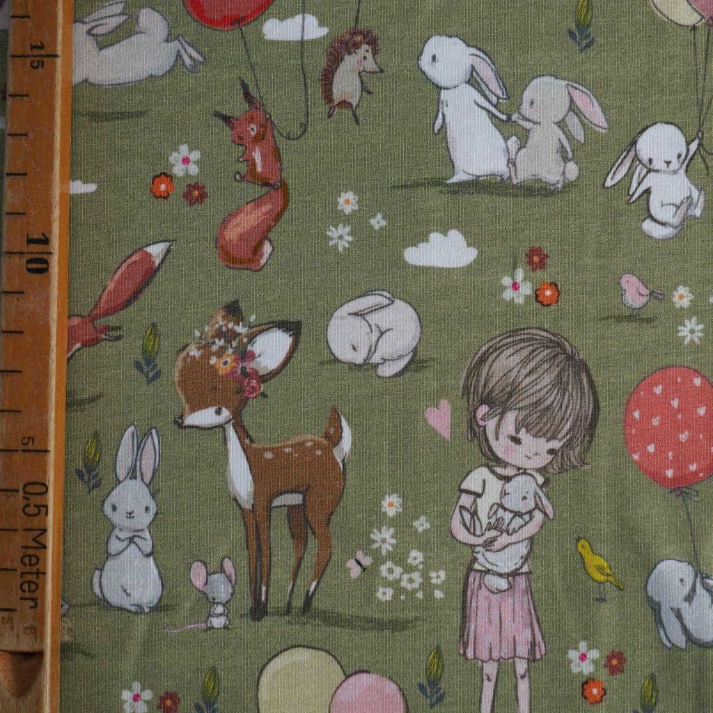 Baumwolljersey Mädchen mit Hase und Reh grün – FVJ